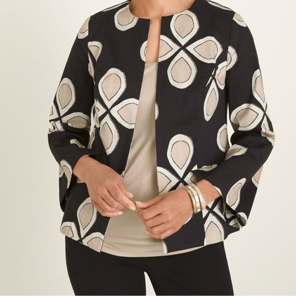 Chico’s Black Beige Abstract Floral Hook Front Jacket Size 0